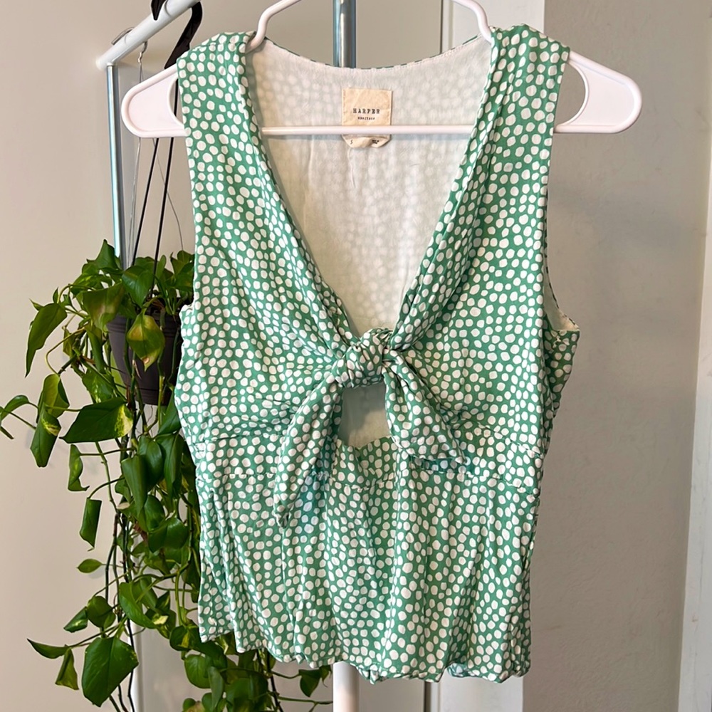Harper Heritage Green Dotted Top With Front Tie (Size Small)